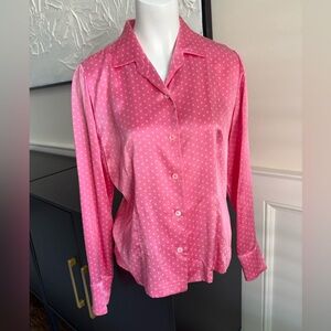 100% silk gorgeous Pink‎ Polka Dot Button-Up Blouse